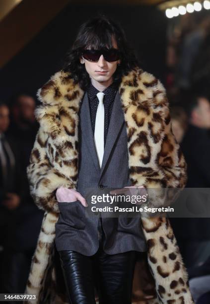 Model walks the runway during the Celine Men Fall-Winter 2023-2024 show on February 10, 2023 in Paris, France.
