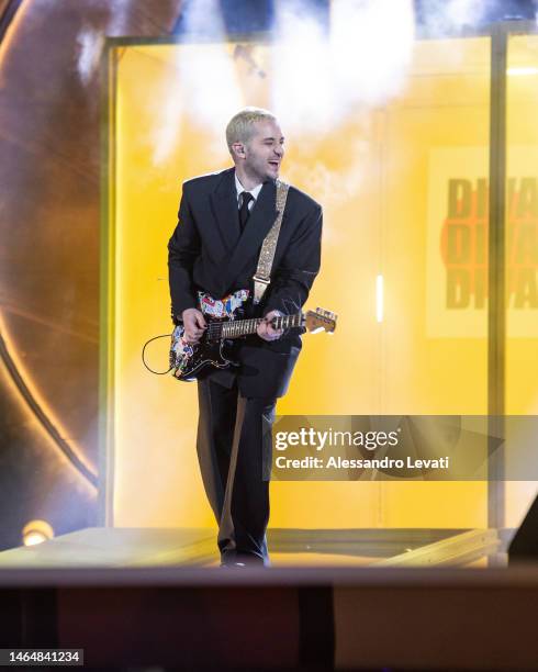 Dario Mangiaracina of La Rappresentante di Lista performs on the Suzuki Stage during the 73rd Sanremo Music Festival 2023 at Piazza Colombo on...