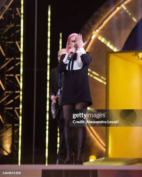 Dario Mangiaracina and Veronica Lucchesi of La Rappresentante di Lista perform on the Suzuki Stage during the 73rd Sanremo Music Festival 2023 at...