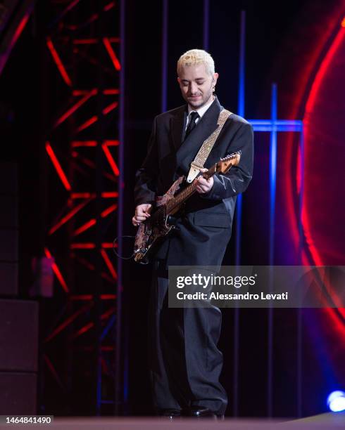 Dario Mangiaracina of La Rappresentante di Lista performs on the Suzuki Stage during the 73rd Sanremo Music Festival 2023 at Piazza Colombo on...