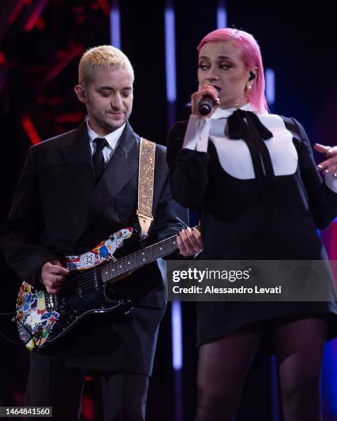 Dario Mangiaracina and Veronica Lucchesi of La Rappresentante di Lista perform on the Suzuki Stage during the 73rd Sanremo Music Festival 2023 at...