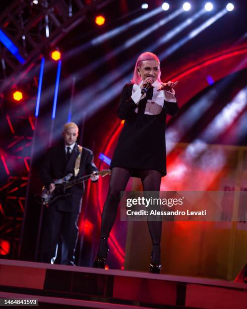 Dario Mangiaracina and Veronica Lucchesi of La Rappresentante di Lista perform on the Suzuki Stage during the 73rd Sanremo Music Festival 2023 at...