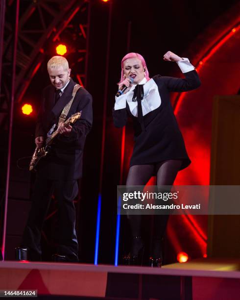 Dario Mangiaracina and Veronica Lucchesi of La Rappresentante di Lista perform on the Suzuki Stage during the 73rd Sanremo Music Festival 2023 at...