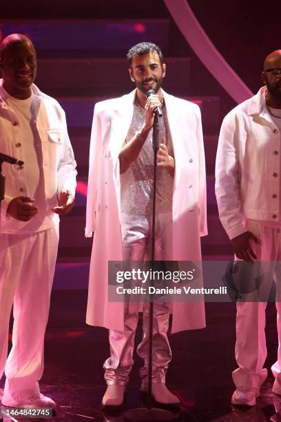 Marco Mengoni and Kingdom Choir 13 attend the 73rd Sanremo Music Festival 2023 at Teatro Ariston on February 10, 2023 in Sanremo, Italy.