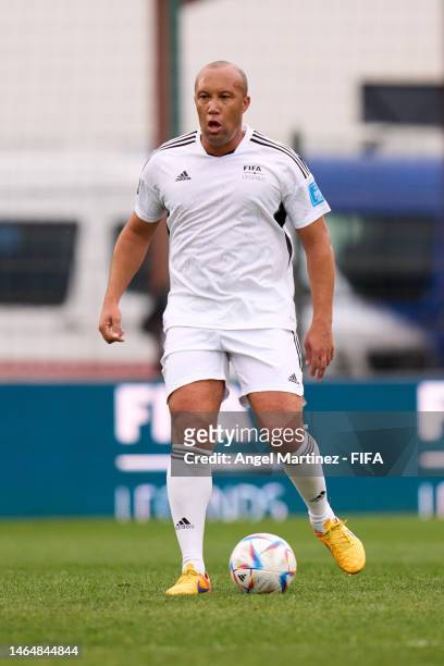 Lenged Mikaël Silvestre in action during a Legends match between the Rest of the World and Morocco at Stade Moulay Abdellah on February 10, 2023 in...