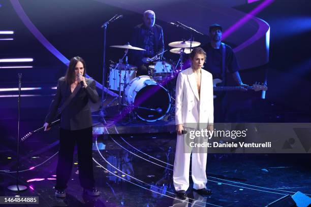 Manuel Agnelli and gIANMARIA attend the 73rd Sanremo Music Festival 2023 at Teatro Ariston on February 10, 2023 in Sanremo, Italy.