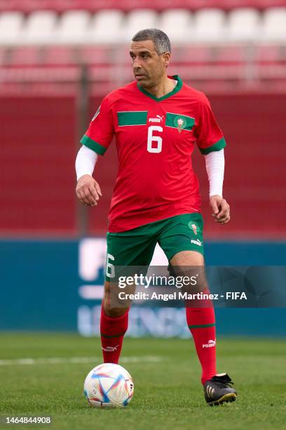 Noureddine Naybet in action during a Legends match between the Rest of the World and Morocco at Stade Moulay Abdellah on February 10, 2023 in Rabat,...