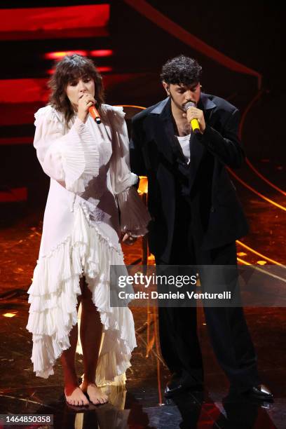 Madame and Izi attend the 73rd Sanremo Music Festival 2023 at Teatro Ariston on February 10, 2023 in Sanremo, Italy.