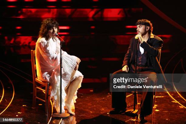 Madame and Izi attend the 73rd Sanremo Music Festival 2023 at Teatro Ariston on February 10, 2023 in Sanremo, Italy.