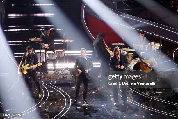 Le Vibrazioni band and Modà band attend the 73rd Sanremo Music Festival 2023 at Teatro Ariston on February 10, 2023 in Sanremo, Italy.