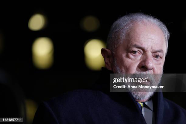 Brazilian President Luiz Inácio Lula da Silva speaks to reporters outside the West Wing of the White House after a bilateral meeting with U.S....