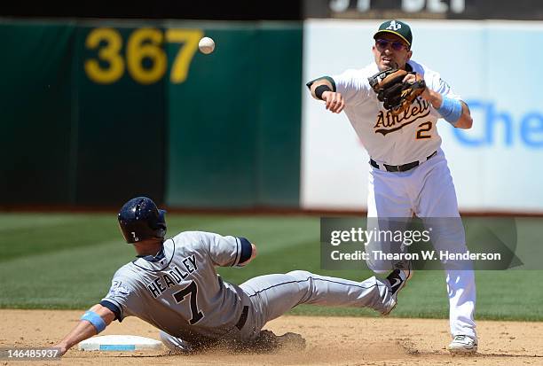 Cliff Pennington of the Oakland Athletics gets his throw off to complete the double-play while avoiding the slide of Chase Headley of the San Diego...