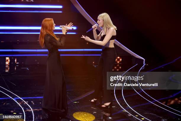 Noemi and Mara Sattei attend the 73rd Sanremo Music Festival 2023 at Teatro Ariston on February 10, 2023 in Sanremo, Italy.