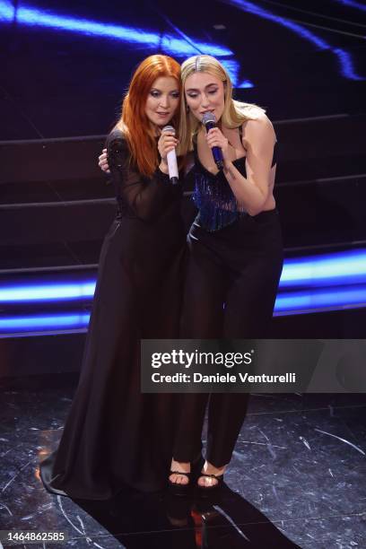 Noemi and Mara Sattei attend the 73rd Sanremo Music Festival 2023 at Teatro Ariston on February 10, 2023 in Sanremo, Italy.