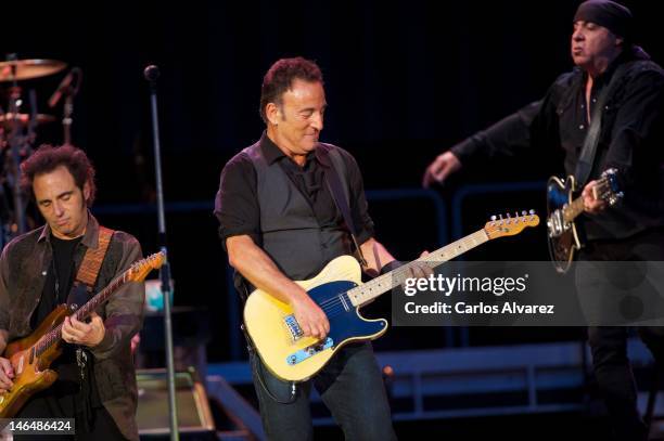 Nils Lofgren, Bruce Springsteen and Steve Van Zandt perform on stage at the Santiago Bernabeu Stadium on June 17, 2012 in Madrid, Spain.