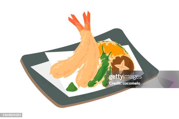 japanese food, tempura. shrimp, shishito green pepper, shiitake, japanese pumpkin, matcha salt. - tempura stock illustrations