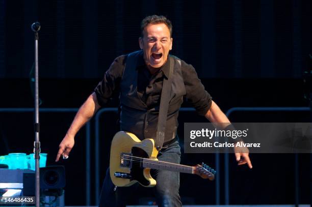 Bruce Springsteen performs on stage at the Santiago Bernabeu Stadium on June 17, 2012 in Madrid, Spain.