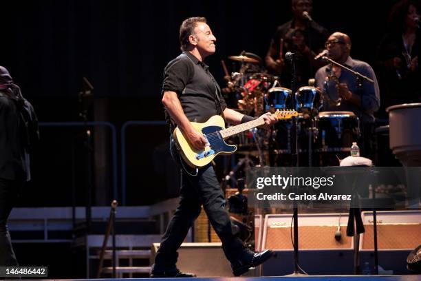 Bruce Springsteen performs on stage at the Santiago Bernabeu Stadium on June 17, 2012 in Madrid, Spain.
