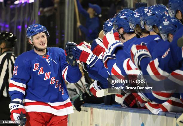 Vladimir Tarasenko of the New York Rangers celebrates his first period goal and first as a Ranger against the Seattle Kraken at Madison Square Garden...