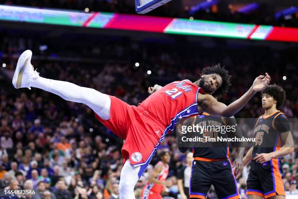 Joel Embiid of the Philadelphia 76ers reacts after scoring during the first quarter against the New York Knicks at Wells Fargo Center on February 10,...