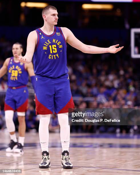 Nikola Jokic of the Denver Nuggets reacts against the Orlando Magic during the second quarter at Amway Center on February 09, 2023 in Orlando,...