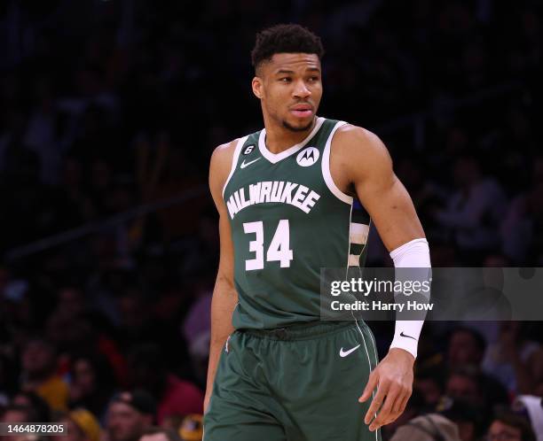 Giannis Antetokounmpo of the Milwaukee Bucks during a 115-106 Bucks win over the Los Angeles Lakers at Crypto.com Arena on February 09, 2023 in Los...