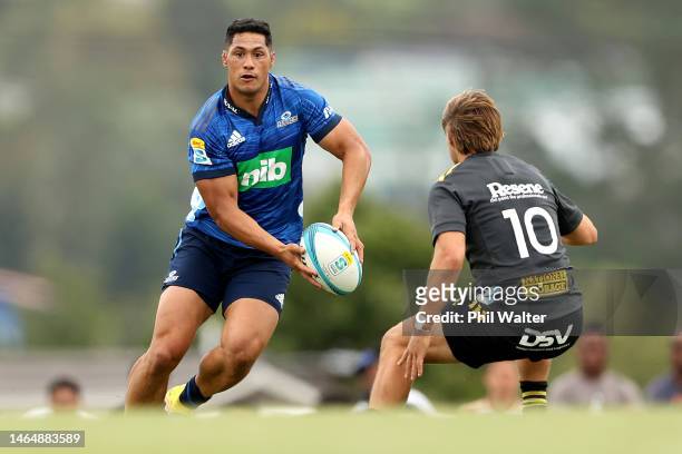 Roger Tuivasa-Sheck of the Blues passes during the Super Rugby trial match between the Blues and the Hurricanes at the Waitemata Rugby Club on...
