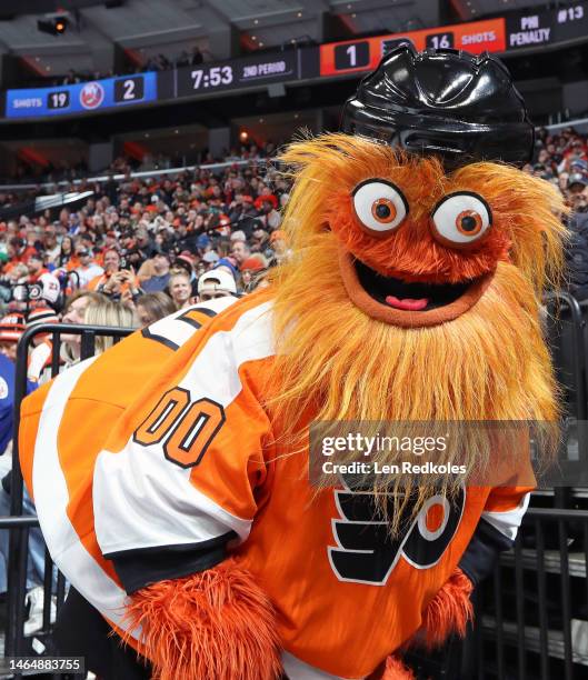 Gritty the mascot of the Philadelphia Flyers entertains the crowd during an NHL game against the New York Islanders at the Wells Fargo Center on...