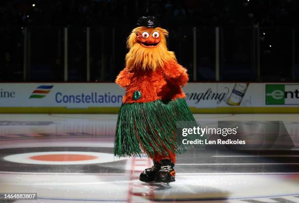 Gritty the mascot of the Philadelphia Flyers skates onto the ice prior to the start of an NHL game against the New York Islanders at the Wells Fargo...