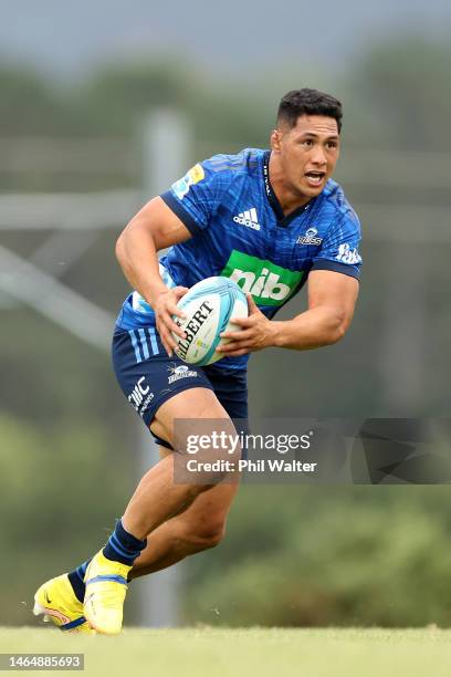 Roger Tuivasa-Sheck of the Blues passes during the Super Rugby trial match between the Blues and the Hurricanes at the Waitemata Rugby Club on...