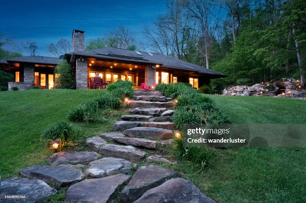 Prairie Style house at night