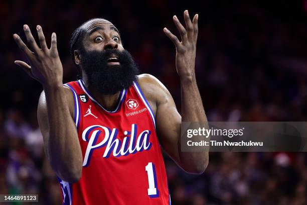 James Harden of the Philadelphia 76ers reacts during the third quarter against the New York Knicks at Wells Fargo Center on February 10, 2023 in...