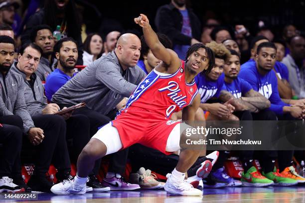 Tyrese Maxey of the Philadelphia 76ers reacts after scoring during the third quarter against the New York Knicks at Wells Fargo Center on February...