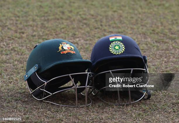 The Australian and Indian helmets are seen during day three of the First Test match in the series between India and Australia at Vidarbha Cricket...