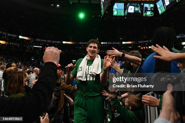 Mike Muscala of the Boston Celtics walks off of the court after a game against the Charlotte Hornets at the TD Garden on February 10, 2023 in Boston,...