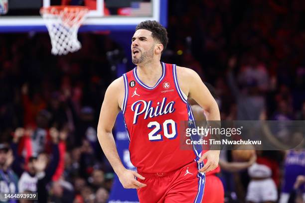 Georges Niang of the Philadelphia 76ers reacts after scoring during the fourth quarter against the New York Knicks at Wells Fargo Center on February...