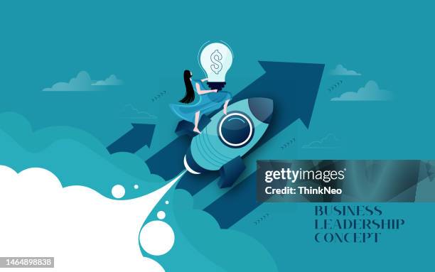 businesswoman with a rocket rising concept - pre launch stock illustrations