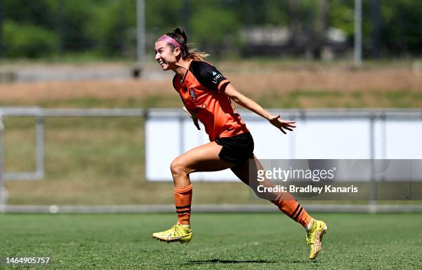 Shea Connors of the Roar celebrates after scoring a goal during the round 14 A-League Women's match between Brisbane Roar and Melbourne Victory at...