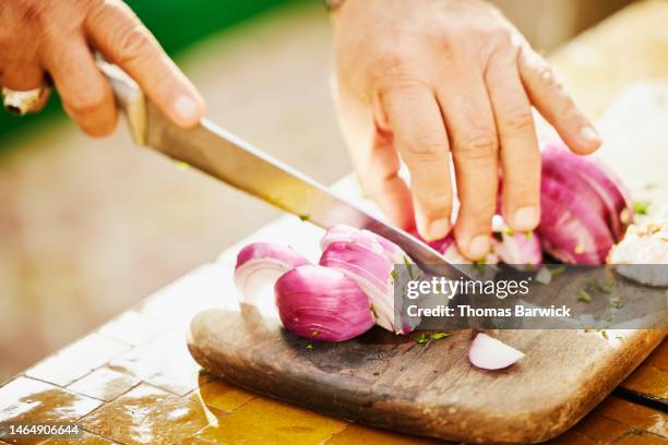 close up shot of man chopping onions during cooking class - affettare foto e immagini stock