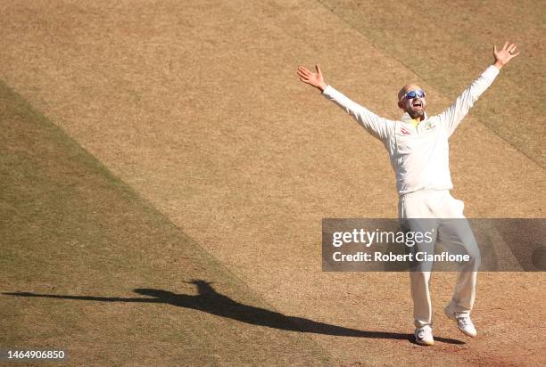 Nathan Lyon of Australia appeals unsuccessfully for the wicket of Mohammed Shami of India during day three of the First Test match in the series...