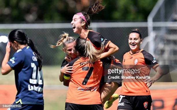 Shea Connors of the Roar celebrates after scoring a goal during the round 14 A-League Women's match between Brisbane Roar and Melbourne Victory at...
