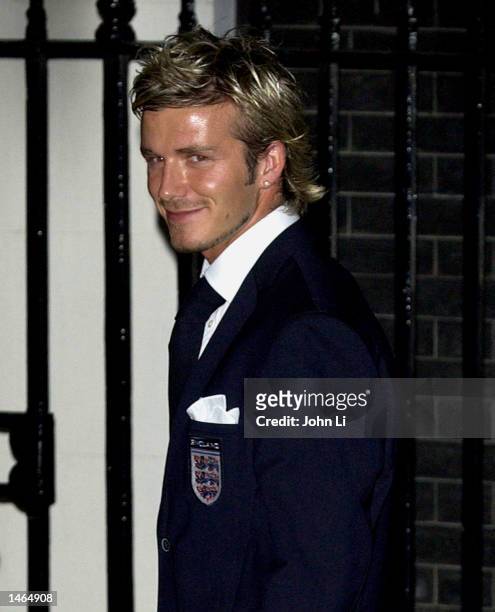 Footballer David Beckham attends an evening reception for the England World Cup Squad, hosted by British Prime Minister Tony Blair, at 10 Downing...