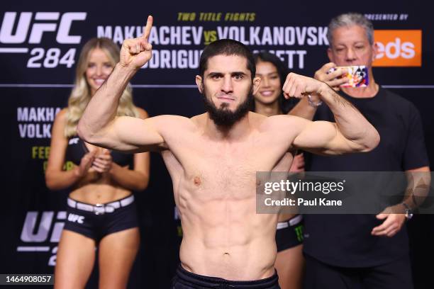 Islam Makhachev of Russia attends the ceremonial weigh-ins ahead of UFC 284 at RAC Arena on February 11, 2023 in Perth, Australia.