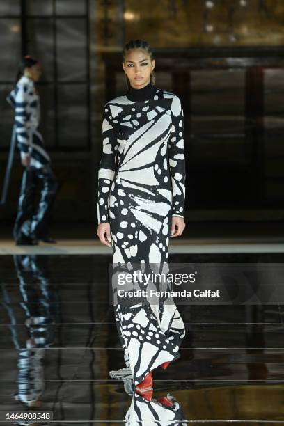 Model walks the runway at the Prabal Gurung show during New York Fashion Week: The Shows at New York Public Library on February 10, 2023 in New York...