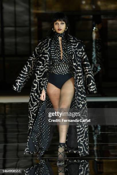 Model walks the runway at the Prabal Gurung show during New York Fashion Week: The Shows at New York Public Library on February 10, 2023 in New York...