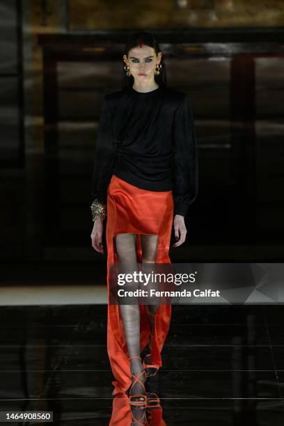 Model walks the runway at the Prabal Gurung show during New York Fashion Week: The Shows at New York Public Library on February 10, 2023 in New York...