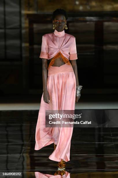 Model walks the runway at the Prabal Gurung show during New York Fashion Week: The Shows at New York Public Library on February 10, 2023 in New York...