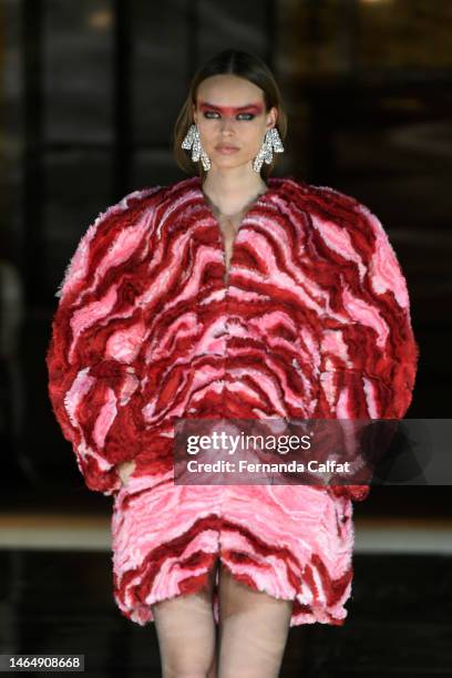 Model walks the runway at the Prabal Gurung show during New York Fashion Week: The Shows at New York Public Library on February 10, 2023 in New York...
