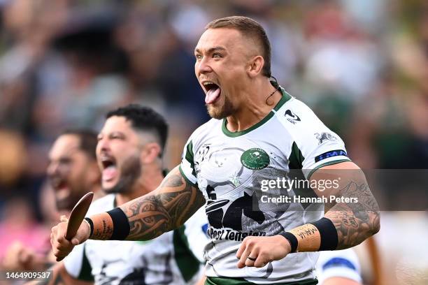 James Fisher-Harris of the Maori All Stars performs the Haka ahead of the 2023 NRL All Stars match between Indigenous All Stars and Maori All Stars...