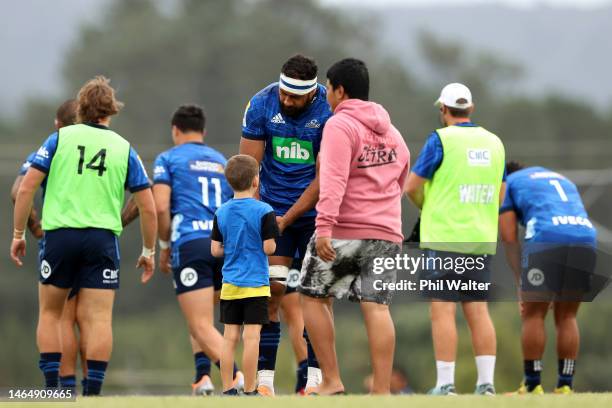 Patrick Tuipulotu of the Blues meets fans after the Super Rugby trial match between the Blues and the Hurricanes at the Waitemata Rugby Club on...